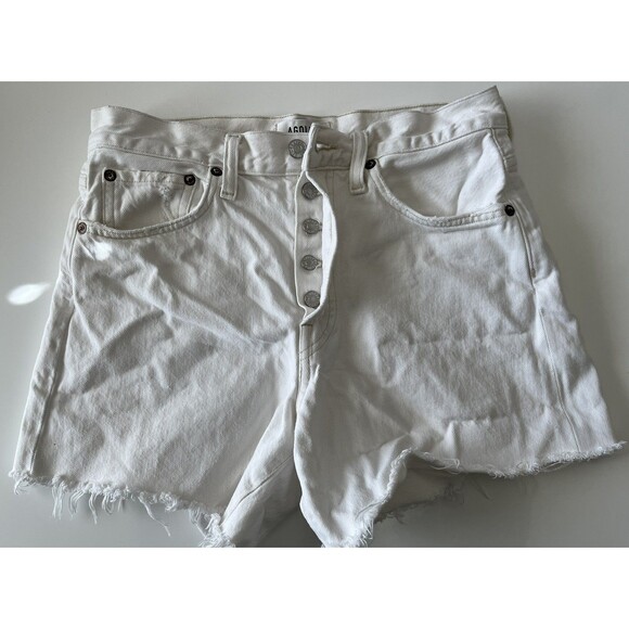 AGOLDE Parker Long Jean Shorts 25 Raw Hem White Denim Organic Cotton Button Fly - Picture 6 of 10